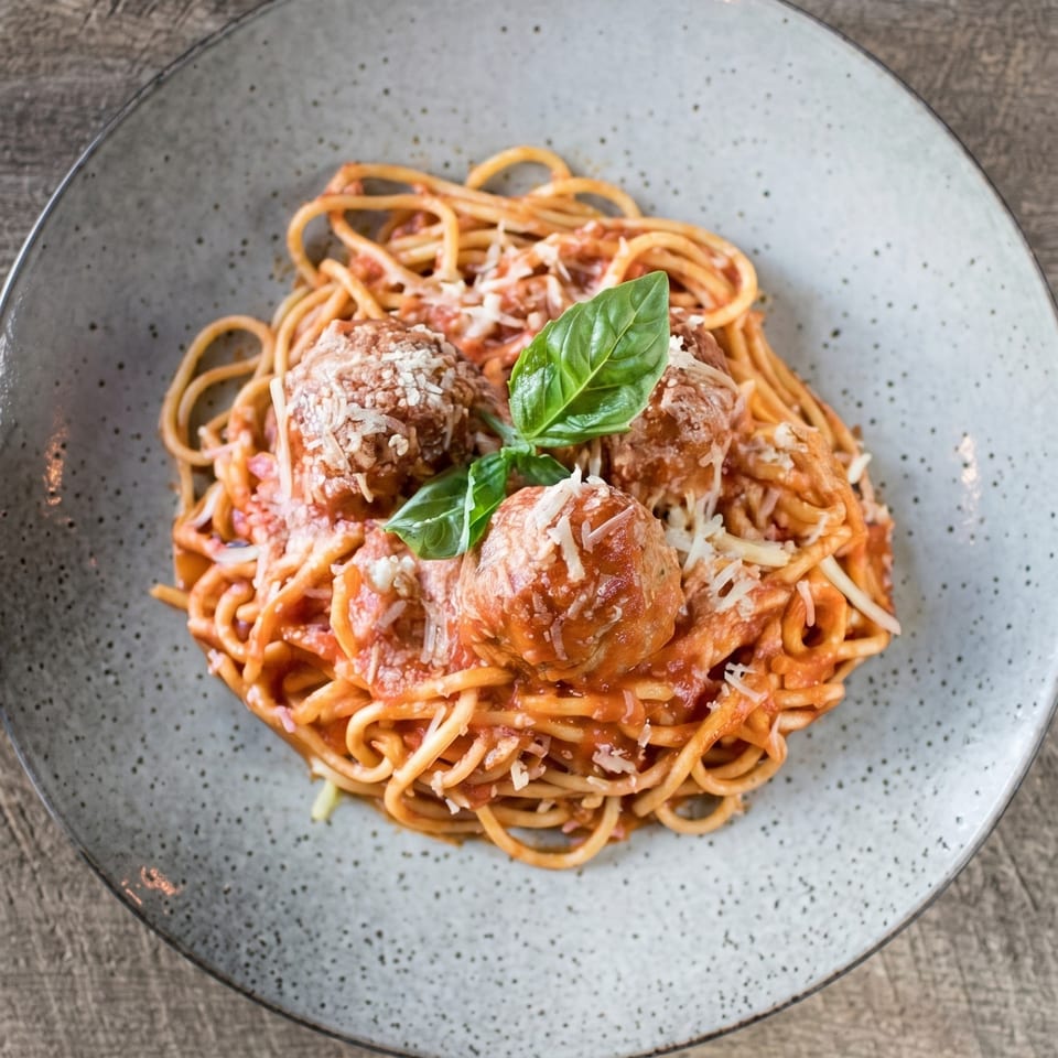 Spaghetti and meatballs with tomato sauce, Parmesan cheese, and fresh basil on a gray plate.
