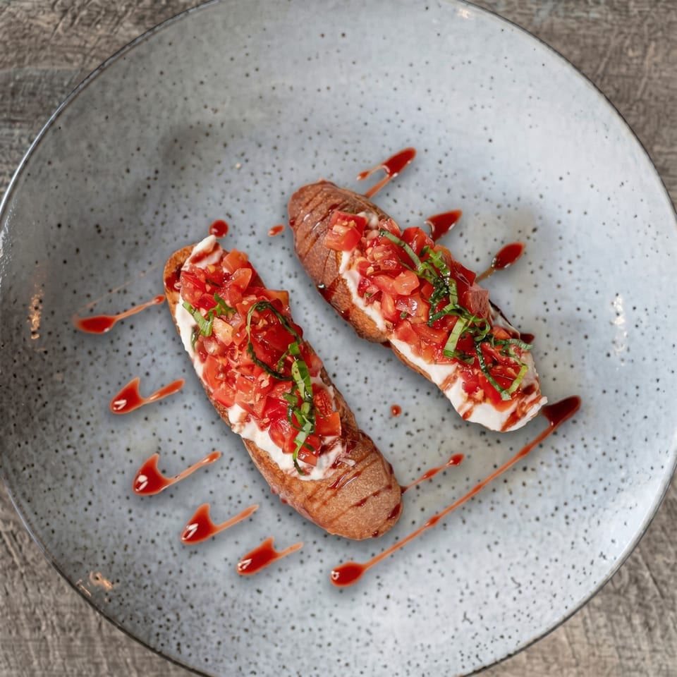 Two bruschetta pieces with diced tomatoes, basil, and white cheese on a speckled gray plate.