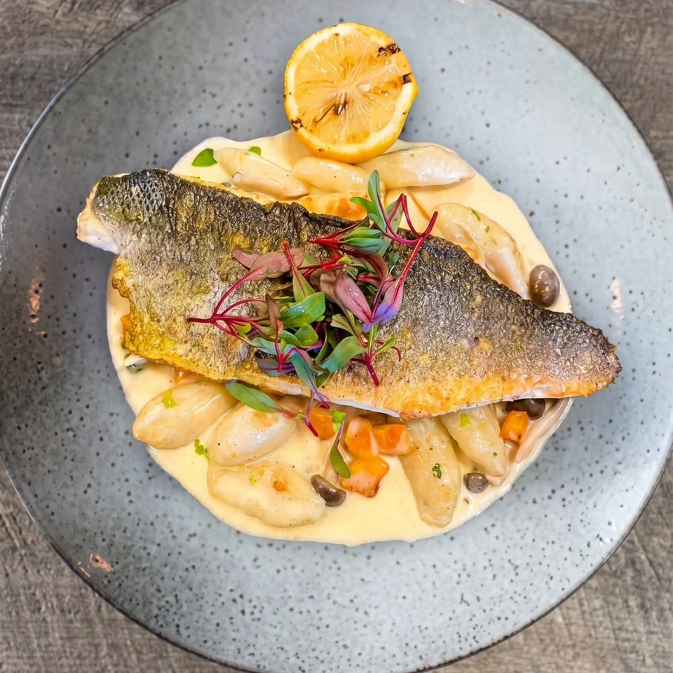 Pan-seared fish with crispy skin, gnocchi, capers, and microgreens, garnished with a grilled lemon.