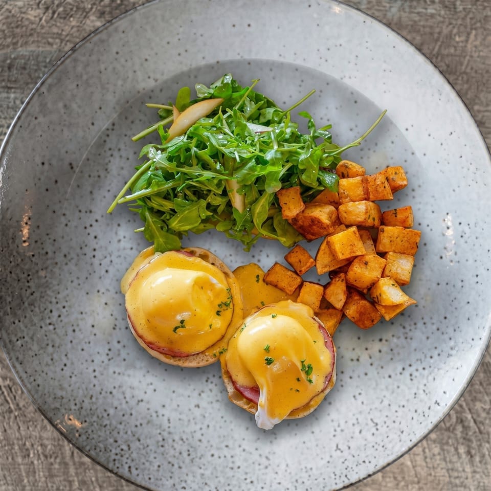 Eggs Benedict with hollandaise sauce, a side of roasted potatoes, and a fresh arugula salad.