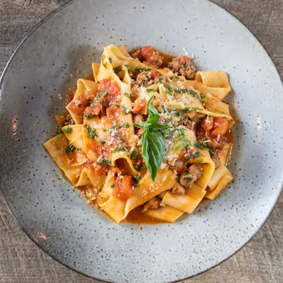 Pappardelle pasta with meat ragu, diced tomatoes, pesto, parmesan, and fresh basil in a gray bowl.
