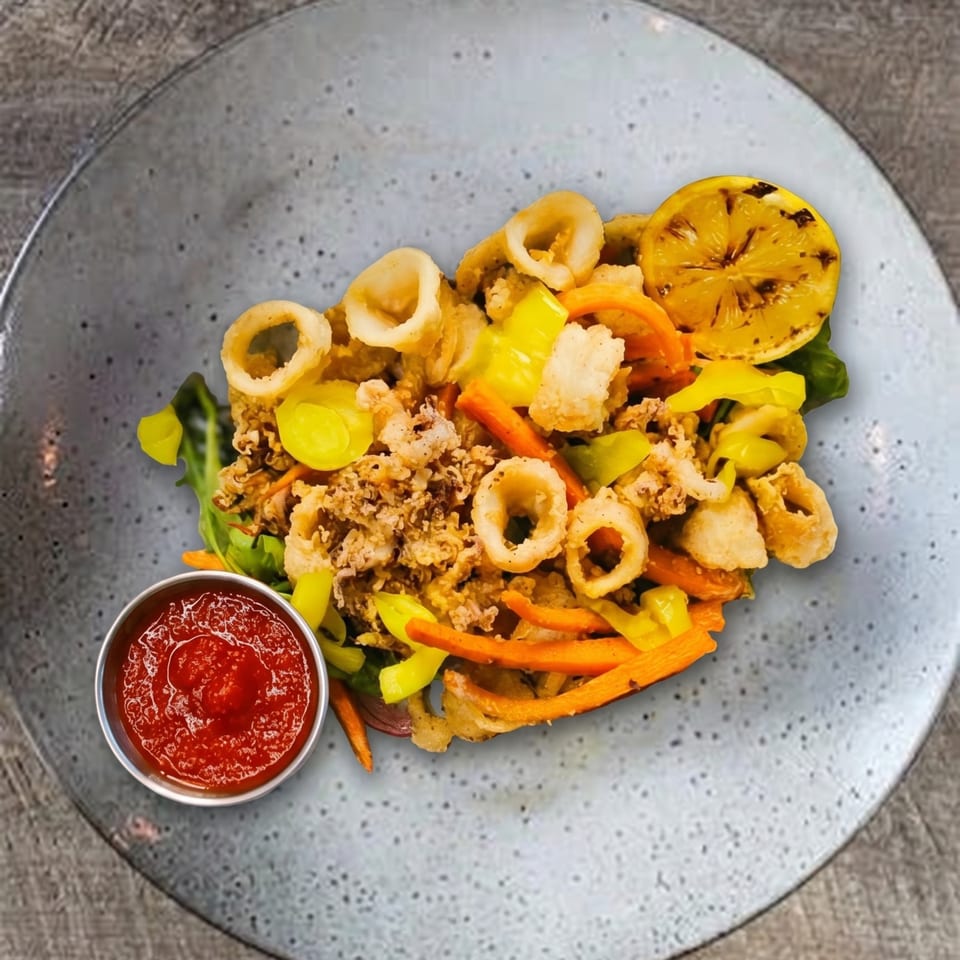 Crispy fried calamari rings and tentacles with peppers, grilled lemon, and a side of marinara sauce.